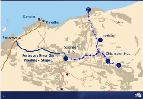 Map of FMGs WA operations and the Fortescue River Pipeline connecting the DBP with Solomon.